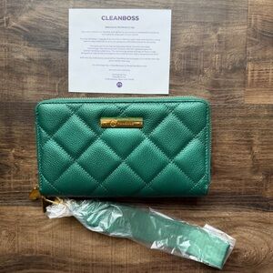 Joy Luxe Leather Double Wallet With Removable Wrist Strap in Jade Green
